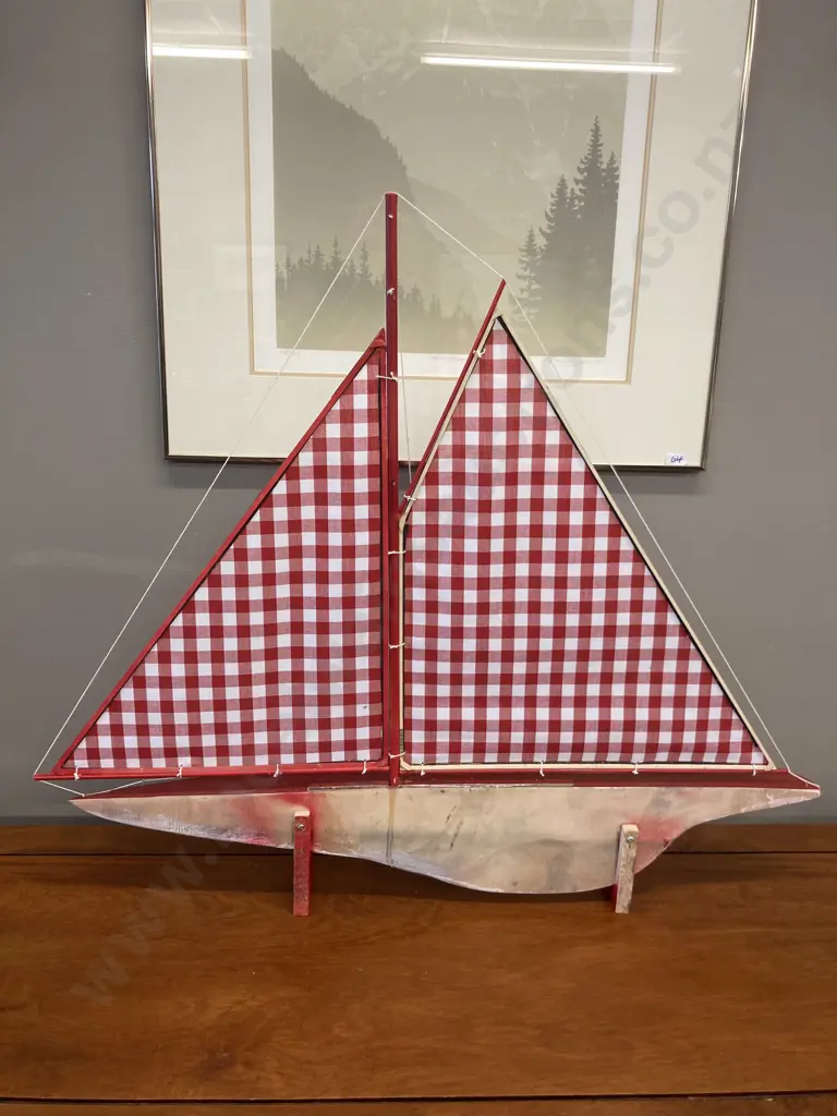 Coca-Cola Handmade Wooden Half Hull Freestanding Sail Boat Model, Red / White. 72 x 82cm Image 1++